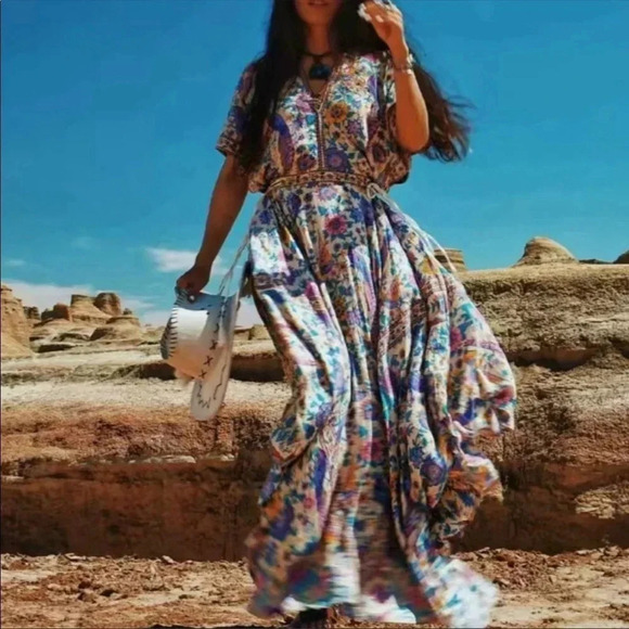 Boho Floral Maxi Dress — Drawstring Waist | Flowy Cotton Summer Dress - Picture 3 of 6